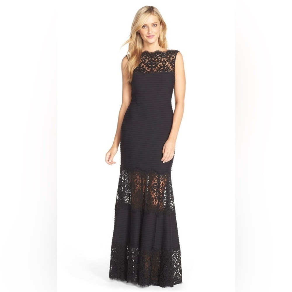 TADASHI SHOJI Sz S Illusion Lace Fit & Flare Stretch Knit Ribbed Maxi Dress NEW